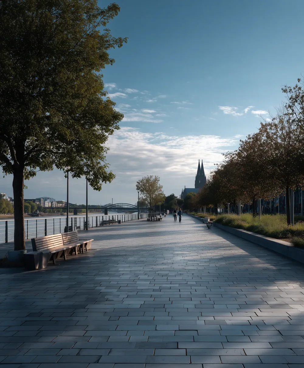 Rheinpromenade in Köln mit Blick auf den Dom.